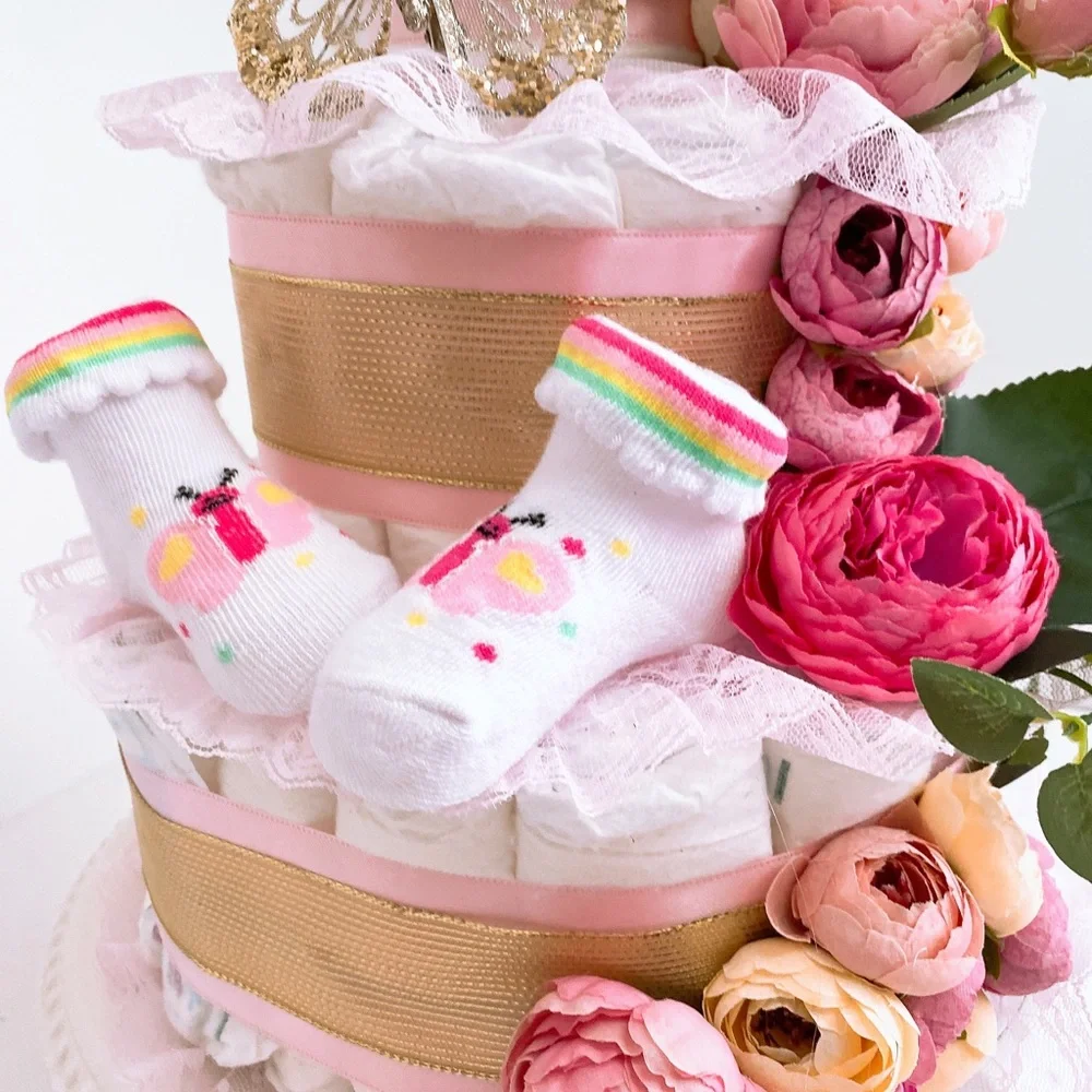 Butterflies Diaper Cake, Peonies Diaper Cake